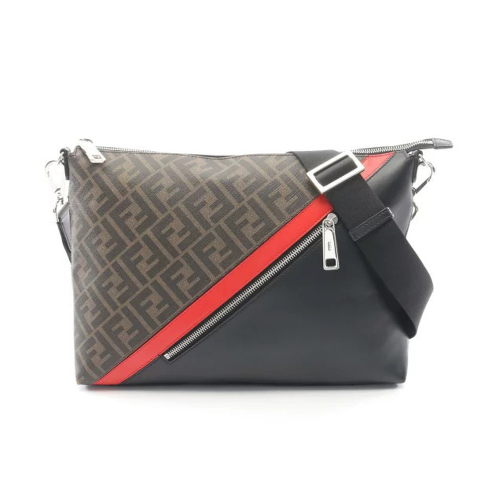 Fendi Zucca Shoulder Bag Canvas Leather Black Brown Red